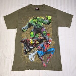 Marvel Mens Hulk Iron Man Spider-Man T-Shirt Olive Green Cotton Jumbo Print Smal